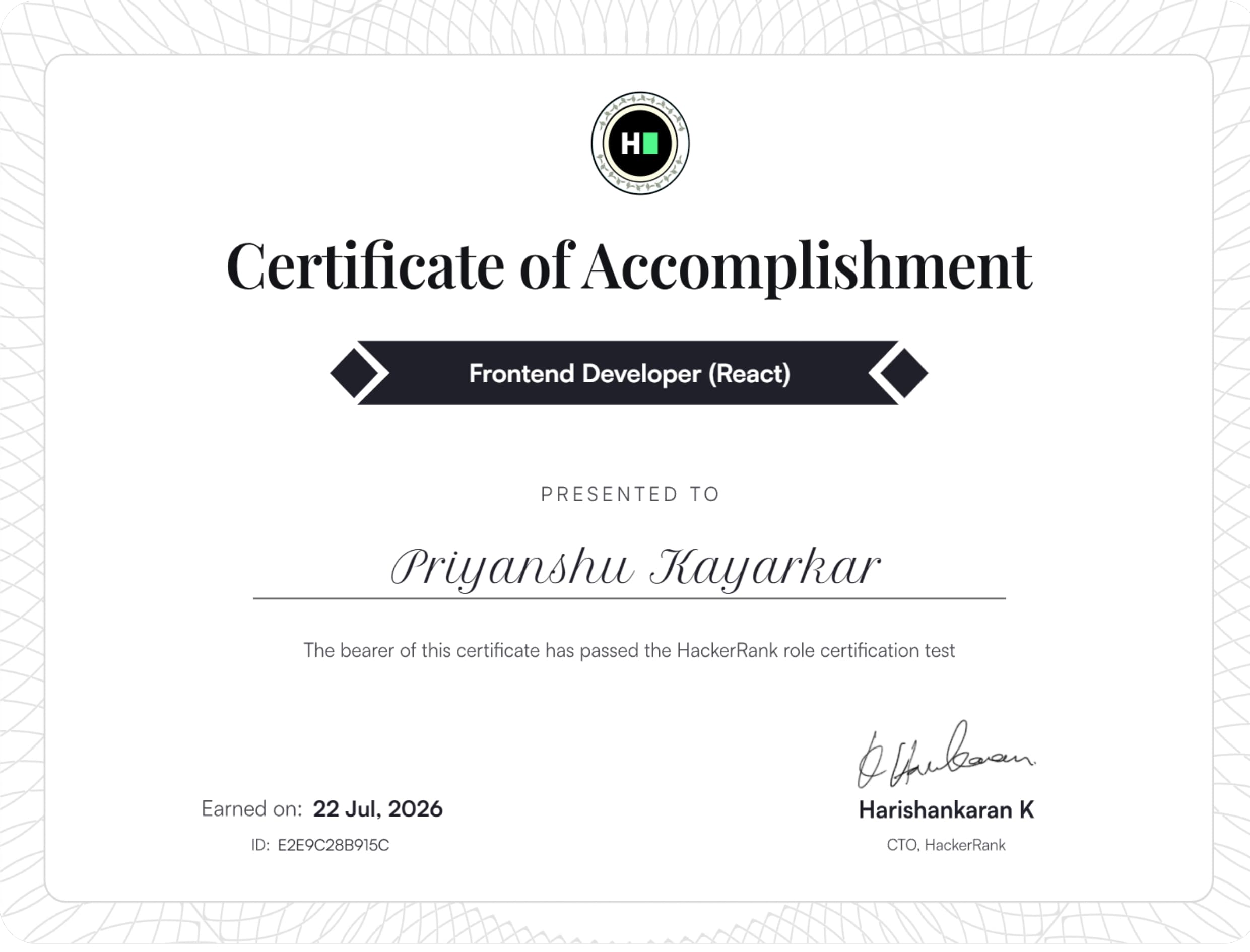 Frontend Developer (React) Certificate Image